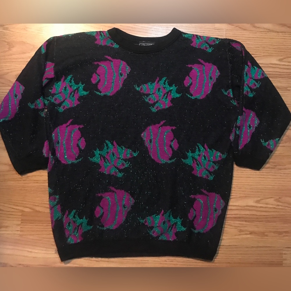 Vintage Westside Tropical Fish Knit Sweater L Black Purple USA Made